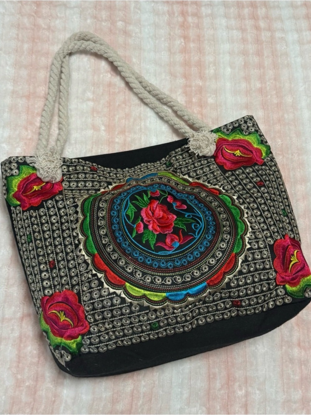 Black Embroidered Floral Tote with Rope Handles